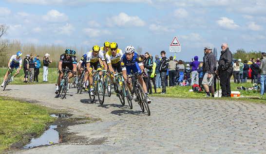 Hornaing ,France - April 10,2016: The German cyclist Tony Martin of Etixx-Quick Step Team riding in the peloton on a paved road in Hornaing, France during Paris Roubaix on 10 April 2016.