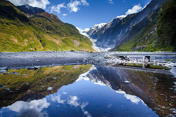 Franz Joseph Glacier with reflection Franz Joseph glacier sits in between two mountains, covered in grass with a reflection visible in the body of water in the foreground. franz josef glacier photos stock pictures, royalty-free photos & images