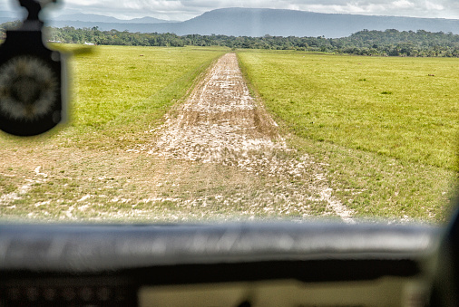 Airplane country airfield landing at Uruyen, Auyantepuy, Gran Sabana, Venezuela
