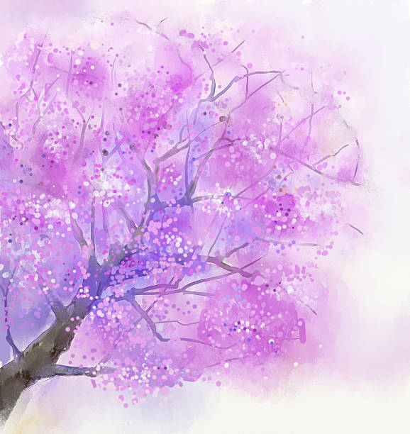 ilustrações, clipart, desenhos animados e ícones de abstrato pintura de árvore com flores cor-de-rosa no blossom - multi colored floral pattern acrylic painting purple