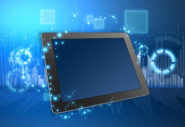 istock tablet and the city skyline in background illustration. 526726763