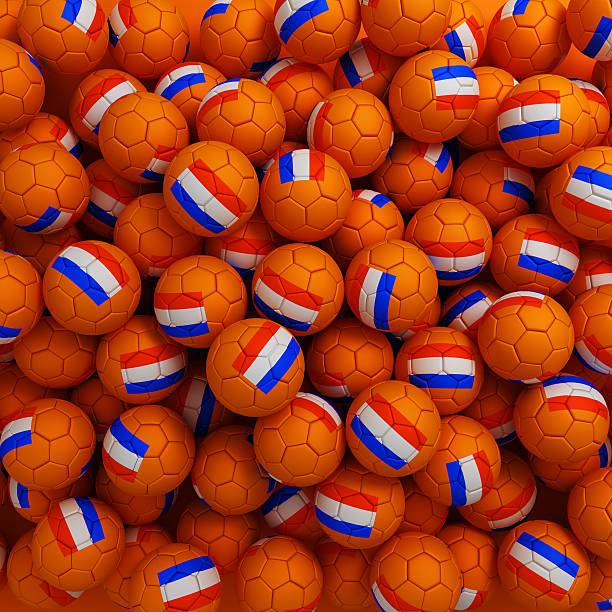 Netherlands football balls (many). 3D render background