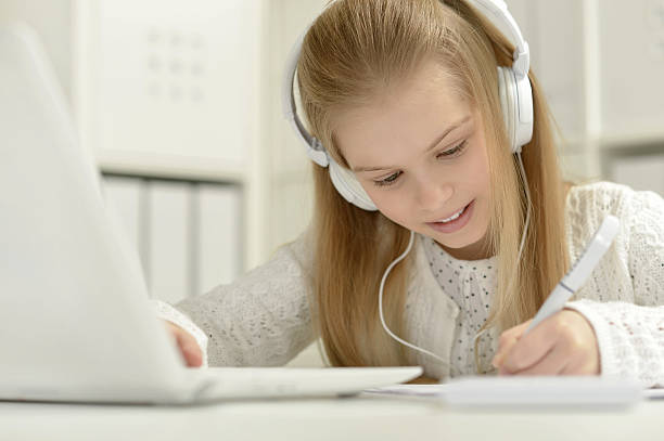 istock Cute little girl with   laptop 526729172