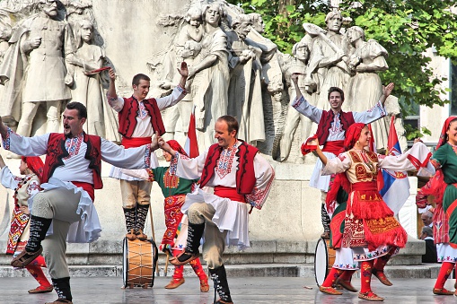 Budapest, Hungary - June 19, 2014: Bulgarian folk dance group JANTRA performs on street in Budapest. The group performs since 1996.