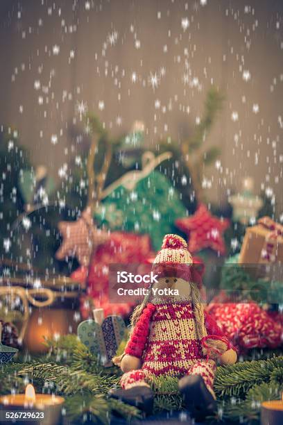 Santa Claus Christmas Ornaments Green Pine Needles Cones Gifts Stock Photo - Download Image Now