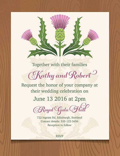 Wedding Invitation Template with Scottish Thistles On Wood Background Wedding Invitation Template. Wooden background with wedding invitation. Decorated with Scottish Thistles designs. Scottish Thistle stock illustrations