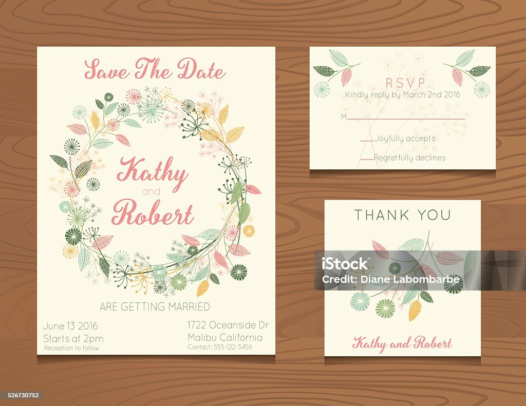 Wedding Invitation Template with Wildflowers On Wood Background Wedding Invitation Template. Wooden background with wedding invitation, thank you note and RSVP card. Decorated with floral designs. Wedding Invitation stock vector