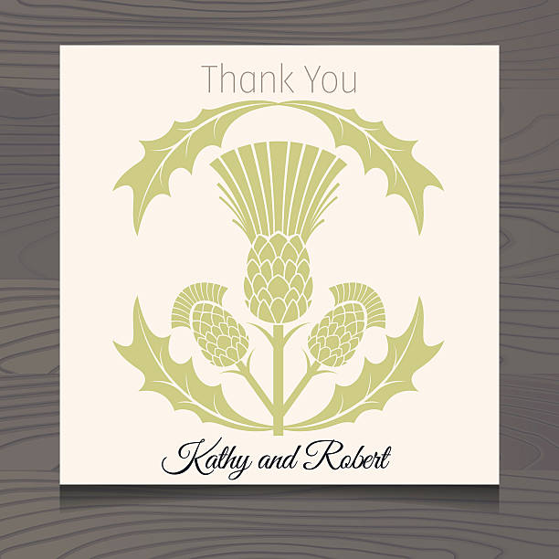 Thank You Template with Scottish Thistles On Wood Background Wedding Invitation Template. Wooden background with thank you note card. Decorated with Scottish Thistles designs. Scottish Thistle stock illustrations