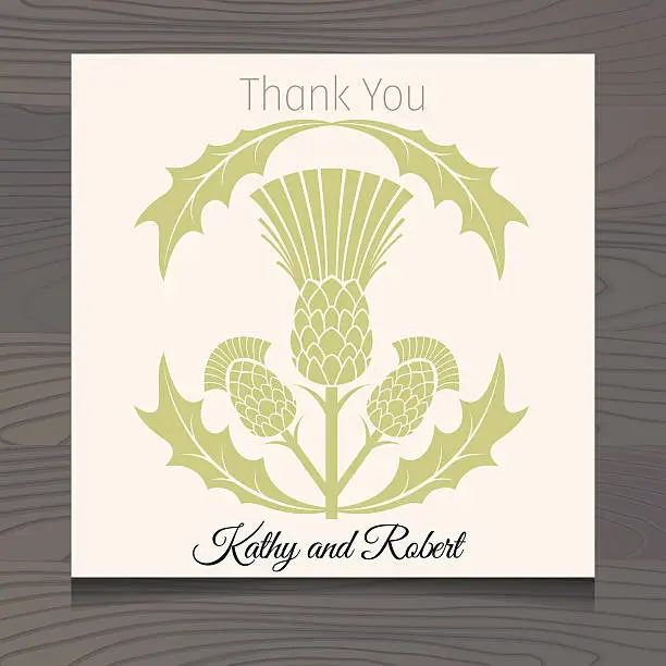 Vector illustration of Thank You Template with Scottish Thistles On Wood Background