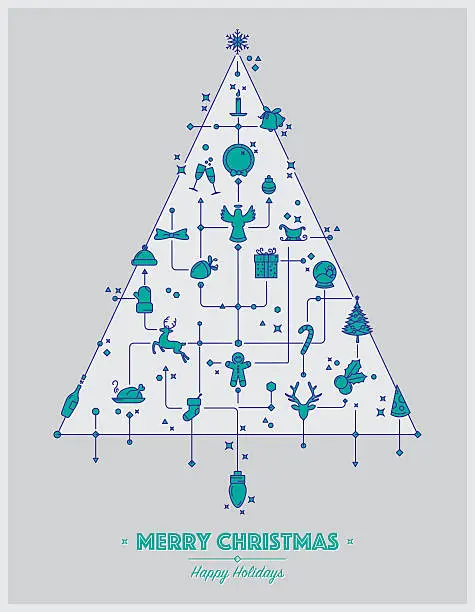 Vector illustration of Blue lineart christmas tree with christmas icons