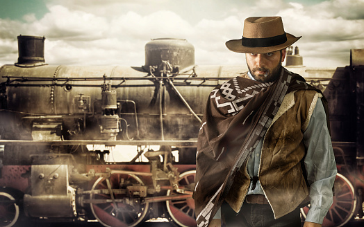 Gunfighter of the wild west at the train station.