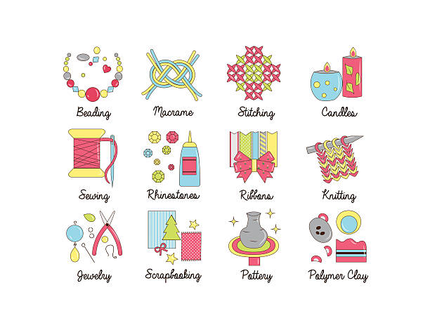 icons for handmade, diy and craft activities. A collection of colorful modern cartoon outlined icons for various kinds of handmade, diy and craft activities. For web, presentations, stickers coil clay pot stock illustrations