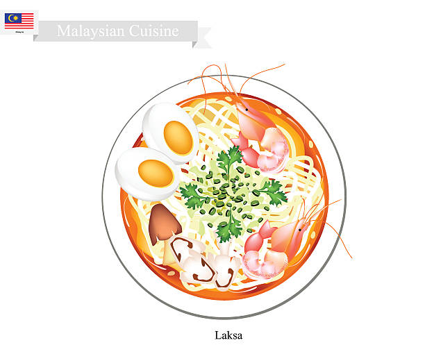 Laksa or Malaysian Spicy Rice Noodle Soup Malaysian Cuisine, Laksa or Traditional Rice Noodle Served in Spicy Soup. One of The Most Popular Dish in Malaysia. assam stock illustrations