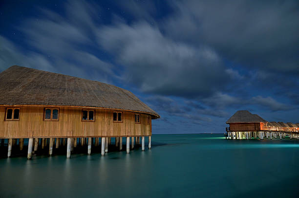 istock Overwater bungalows on the tropical lagoon in night 526743329