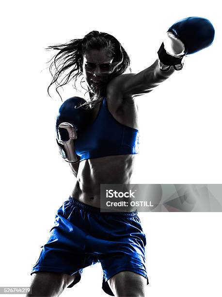 Donna Pugile Boxe Kick Boxing Sagoma Isolato - Fotografie stock e altre immagini di Pugilato - Sport - Pugilato - Sport, Donne, Sfondo bianco
