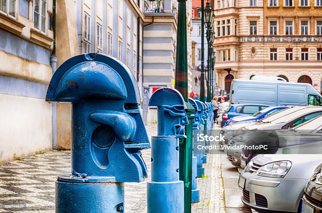 Bollards in Malostranske namesti in Prague The light blue metal Cubist Bollards in Malostranske namesti (Little Quarter Square) in Prague Anthropomorphic Stock Photo