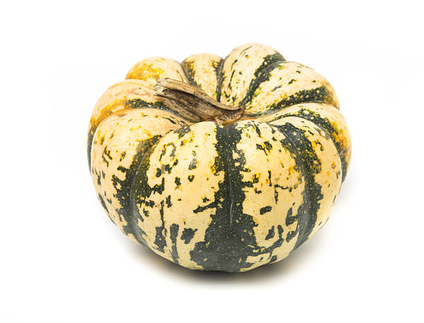 istock Green striped decorative pumpkin isolated on white background 526749273