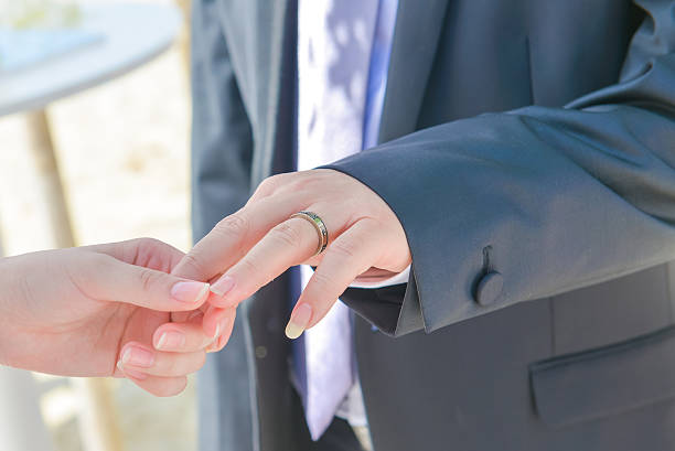 istock bride is wearing wedding ring to groom 526762901