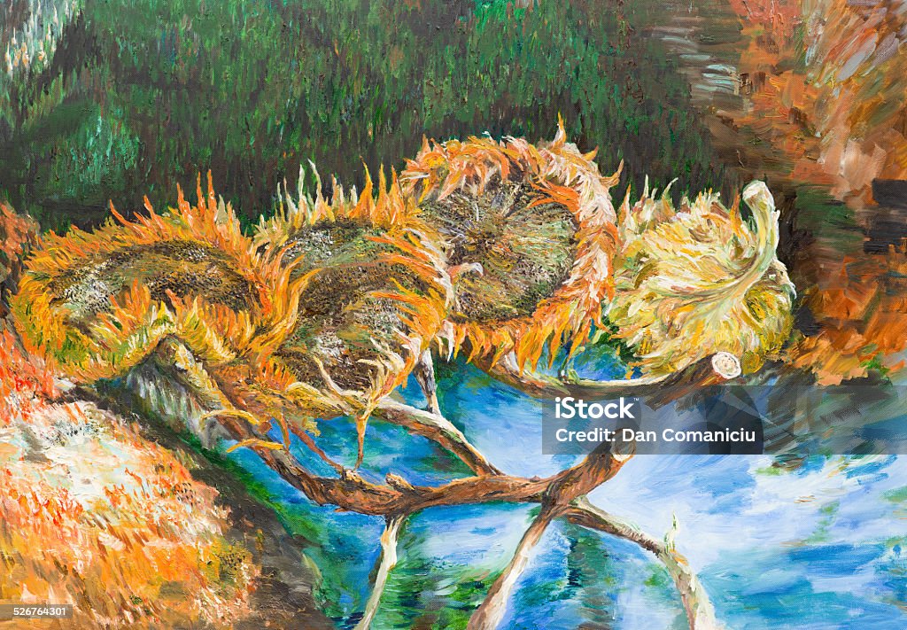 Four cut sunflowers, vincent van gogh oil painting illustrating a replica of a famous painting made by Vincent van Gogh Sunflower stock illustration