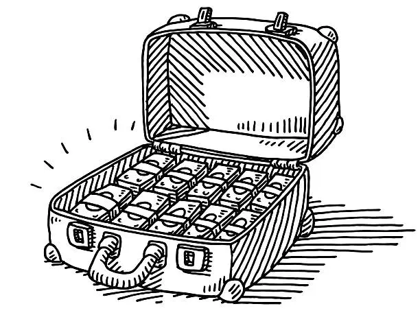 Vector illustration of Suitcase Full Of Money Banknotes Drawing