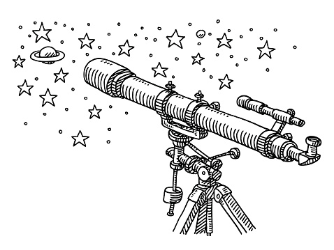 Hand-drawn vector drawing of a Telescope for Space Exploration and Stars. Black-and-White sketch on a transparent background (.eps-file). Included files are EPS (v10) and Hi-Res JPG.
