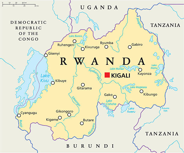 Rwanda Political Map Rwanda Political Map with capital Kigali, national borders, important cities, rivers and lakes. English labeling and scaling. Illustration. burundi east africa stock illustrations