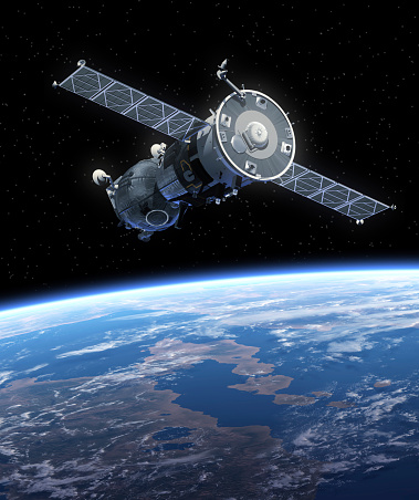 Spacecraft Orbiting Earth. 3D Scene. Elements of this image furnished by NASA.