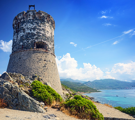 The Tour de la Parata is a ruined Genoese tower was built in 1550-1551 by Giacomo Lombardo, Ajaccio, Corsica. Composite photo