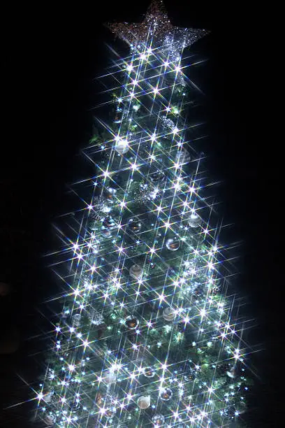 Photo showing an image of an artificial Christmas tree decorated with white LED fairy lights sparkling, isolated against a black night background. This image is taken through a star filter and shows six point stars. The tree is covered with themed Christmas decorations, including blue and white baubles, silver snowflakes, and pine cones, which have been wired onto the branches and needles of the fake tree. The tree is topped with a Christmas star.
