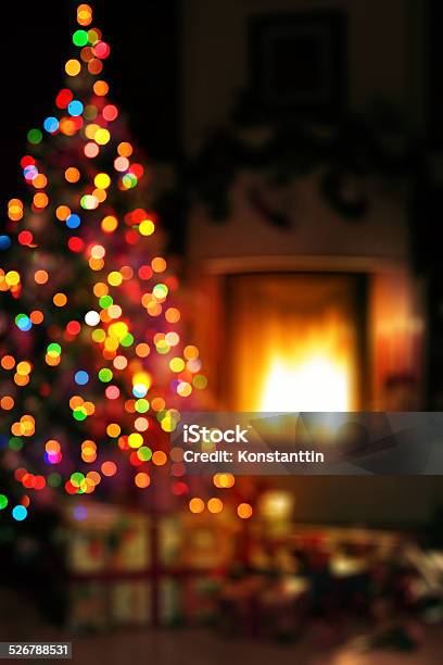 Art Christmas Scene With Tree Gifts And Fire In Background Stock Photo - Download Image Now