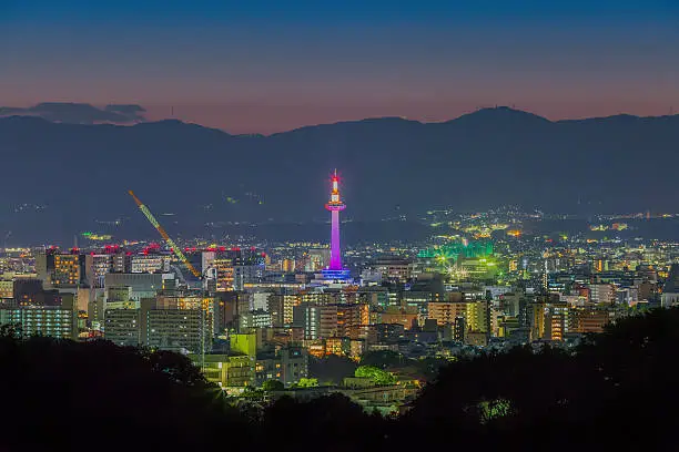Skyline of Kyoto Cityscape at Night, Japan view from Kiyomizu Temple.