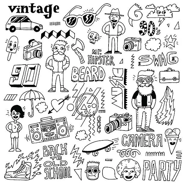 Vector illustration of Hipster retro swag set. Hand drawn vector illustration.