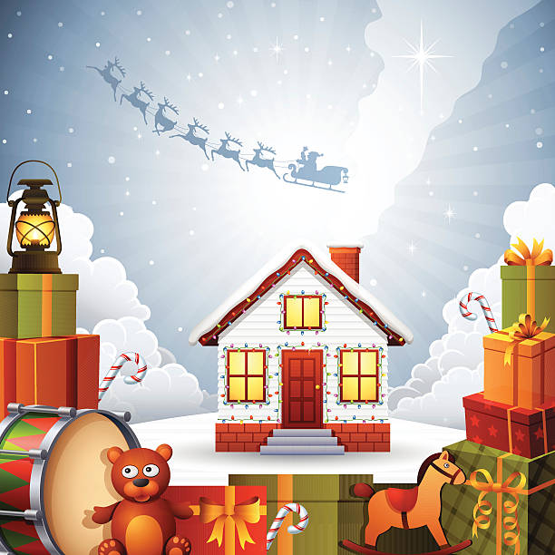 ilustraciones, imágenes clip art, dibujos animados e iconos de stock de escena de navidad de noche - christmas santa claus north pole snow