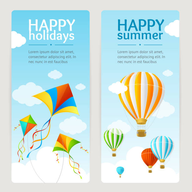 Summer Holiday Card Set. Vector Summer Holiday Card Set with Kite and Balloon. Vertical. Vector illustration sky kite stock illustrations