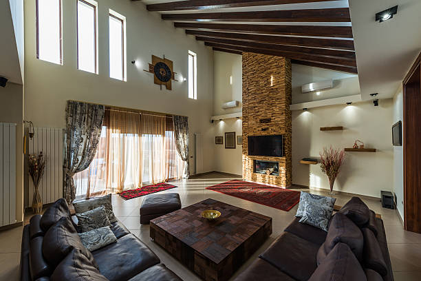 istock Intrior design of modern loft apartmentnt with fireplace 526821376