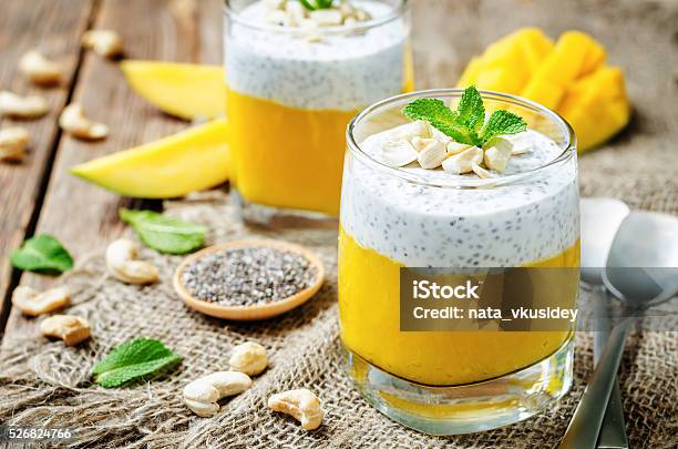 Mango Greek Yogurt Chia Seeds Pudding With Cashews Stock Photo - Download Image Now - Chia seed, Cream - Dairy Product, Cream Cheese