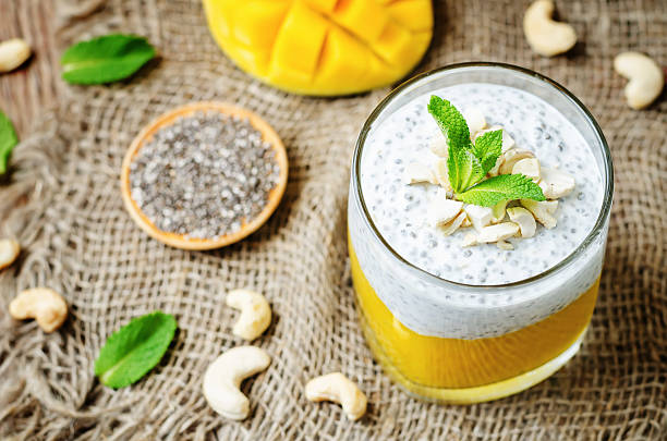 istock Mango Greek yogurt Chia seeds pudding with cashews 526824778