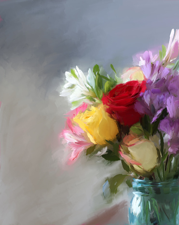 Still-life painting of a glass mason jar vase full of red and yellow roses and purple and pink wildflowers, sitting on a table by a window with pastel blue and cream background, with room for text