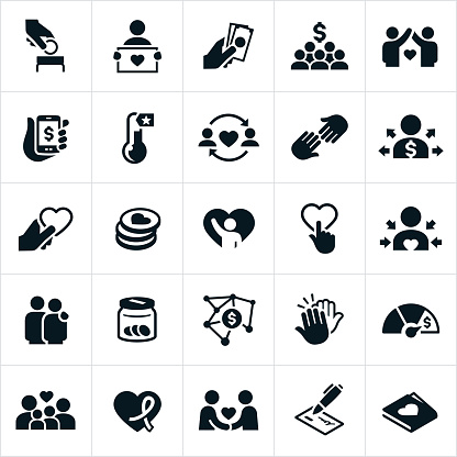 Icons related to fundraising and crowdfunding efforts to raise money for charity. The icons include concepts of giving and receiving money or donations.