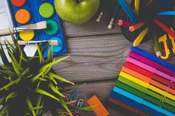 istock School supplies on wooden table 526826882