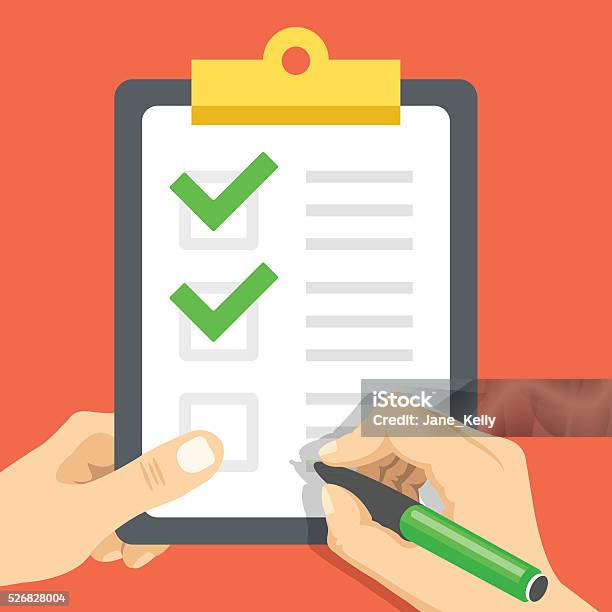Hand Wih Pen And Hand Holds Clipboard With Green Checkmarks Stock Illustration - Download Image Now