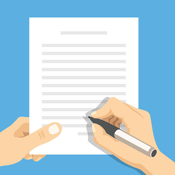 Hands holding sheet of paper and pen. Flat vector illustration Hands holding sheet of paper with text and pen. Sign document, writing, contract review, paperwork, treaty, dictation concepts. Flat vector illustration person writing on notepad stock illustrations
