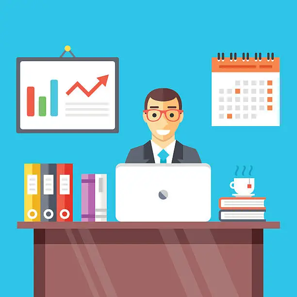 Vector illustration of Smiling man at work in office. Flat vector illustration