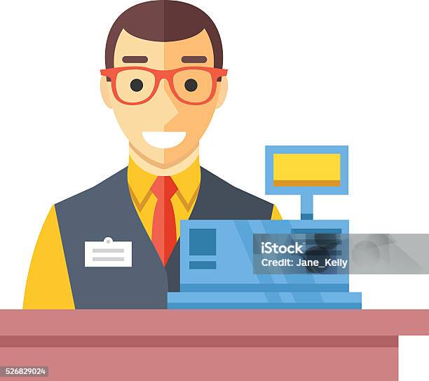 Cashier Man At Checkout Counter Counter Desk Cash Register Clerk Stock Illustration - Download Image Now