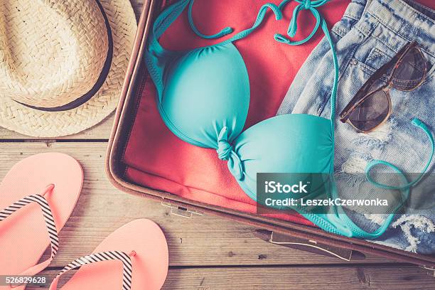 Open Bag With Beach Or Summer Clothes Stock Photo - Download Image Now - Swimwear, Suitcase, Beach