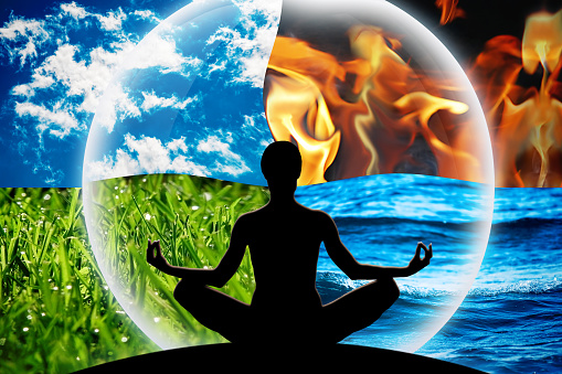Female yoga figure in a transparent sphere, composed of four natural elements (water, fire, earth, air) as a concept for controlling emotions and power over nature.