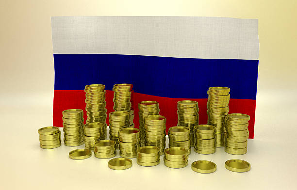 istock Golden coins and Russian flag 526832286