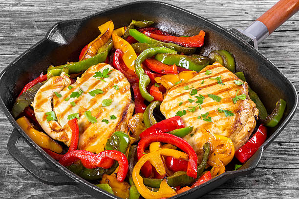 istock Grilled Chicken fillet and fried bell pepper, close-up 526833102