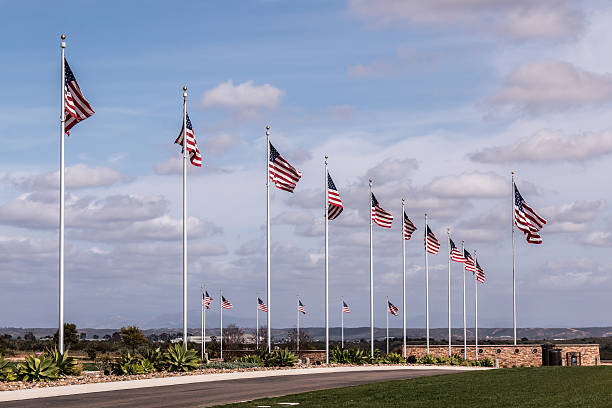 Avenue of the Flags at Miramar National Cemetery Row of American flags at Avenue of the Flags at Miramar National Cemetery in San Diego, California. national cemetery stock pictures, royalty-free photos & images