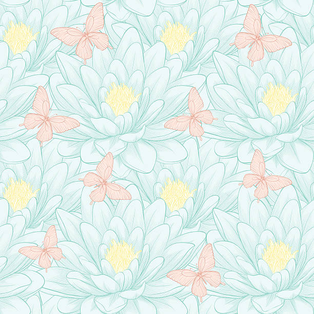 Beautiful seamless pattern with lotus flowers. Beautiful seamless pattern with lotus flowers. Hand-drawn contour lines and strokes. simple butterfly outline pictures stock illustrations
